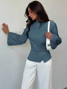 Aloruh Boat Neck Flared Sleeve Cropped Ruched Office Wear Women's Apricot Blouse - Blue - View 5