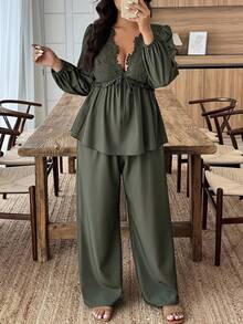 EMERY ROSE Plus Size Women's Contrast Lace Tie Waist Lantern Sleeve Shirt And Wide Leg Pants Casual 2 Pieces Set Fall Cloth For Women - Green - View 6
