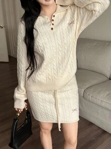 SHEIN LUNE 2件套麻花针织长袖毛衣和迷你裙套装，秋冬 - 杏色 - 查看 3