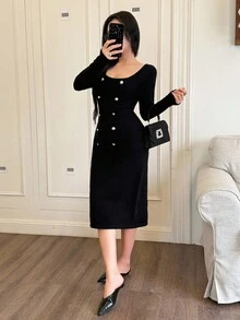SHEIN LUNE Vintage Solid Color Square Neck Knitted Cinched Waist Versatile Dress, Autumn/Winter - Black - View 4