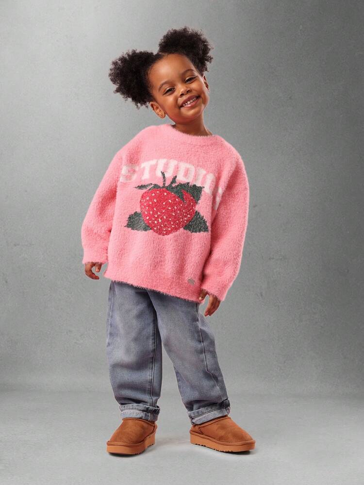Strawberry Graphic Fuzzy Knitted Sweater