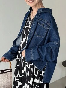 FRIFUL Women's Autumn Dropped Shoulder Long Sleeve Single-Breasted Pocket Casual Loose Denim Jacket Denim Jumper Blue Graphic Shirt Oversized Jean Jacket Cropped Denim Jacket Plus Size Denim Jackets