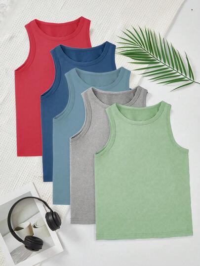 SHEIN 5pcs Young Boy Comfortable Casual Sleeveless Undershirt Vest, Simple Design Style For Easy Matching, Stretchy And Breathable Knit Fabric, Machine Washable, Comfortable Fit, And Easy Care (5pcs Sold Separately) Fall Winter