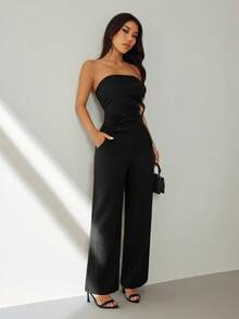 SHEIN PETITE Women's Simple Solid Color Tube Top And Suit Pants Set, Commuter Style, Summer - Black - View 1