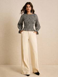 Poéselle 黑白格子褶皱设计修身长袖女式上衣 - 黑與白 - 查看 5