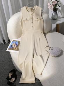 青少年女孩休闲纯色无袖连体裤，夏季