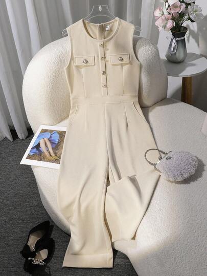 青少年女孩休闲纯色无袖连体裤，夏季