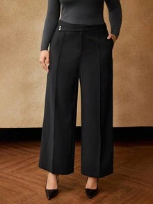 MOTF PREMIUM PLUS SIZE WOMEN'S SOLID MINIMALIST STRUCTURED DESIGN SEAM FRONT WIDE LEG PANTS - Black - View 4