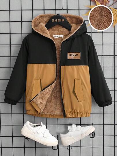 SHEIN 青少年男孩休闲宽松拼布连帽夹克，适合运动、上学、春夏秋冬