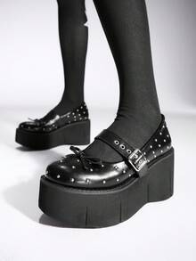 Sugerpunk Zapatos de cuña de plataforma de moda para mujer, de puntera redonda, con tachuelas en estilo gótico punk, decoración de lazo linda, apropiados para uso casual y actuaciones en el escenario - Negro - Ver 5