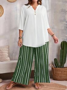 EMERY ROSE Plus Size Casual Solid Color Shirt And Striped Pants 2 Pieces Set - White - View 4