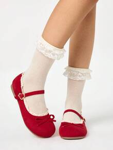 ROMWE Kawaii 女士棕色乐福鞋、包头玛丽珍鞋、蝴蝶结蕾丝洛丽塔平底鞋、芭蕾平底鞋 - 紅色 - 查看 1