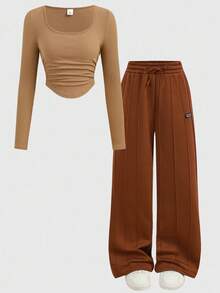 Girlism 青少年女孩返校休闲运动街头服饰棕色两件套，长袖短款褶饰 T 恤和直筒运动裤 - 棕色 - 查看 11