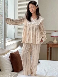 DAZY 女童碎花V领长袖睡衣套装 - 杏色 - 查看 2