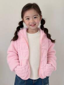 SHEIN 年轻女孩心形撞色连帽羊毛开衫，温暖冬季休闲百搭厚毛绒夹克，适合户外、度假、学校等场合 - 粉色 - 查看 1