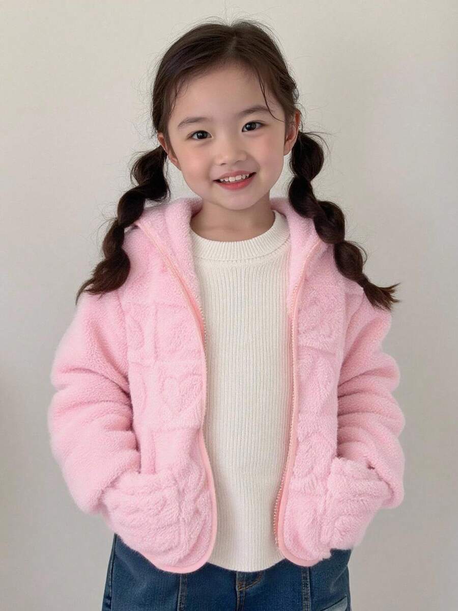 SHEIN 年轻女孩心形撞色连帽羊毛开衫,温暖冬季休闲百搭厚毛绒夹克,适合户外、度假、学校等场合 - 粉色 - 查看 1