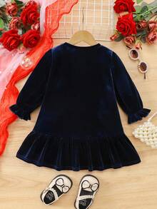 Babygirl 优雅天鹅绒蓝色长袖宽松连衣裙 - 藍色 - 查看 3