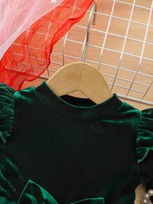 Elegant Velvet Long Sleeve Dress In Muted Green For Baby Girl - Green - View 3