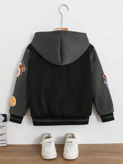 SHEIN 男童字母印花羊毛连帽夹克，校园夹克，运动夹克，秋冬