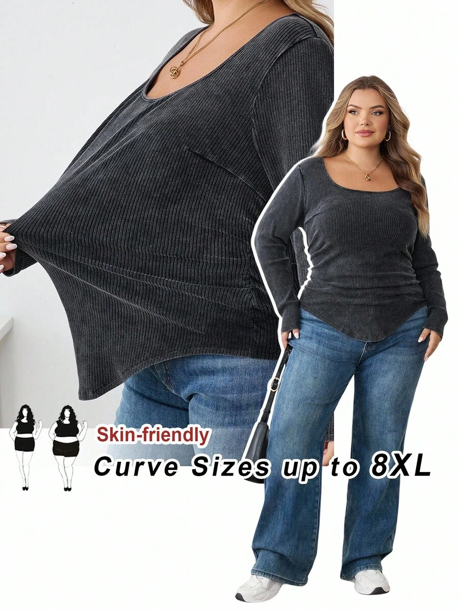 SHEIN CURVE+ 大码休闲做旧雪花长袖T恤/秋冬 - 黑色 - 查看 1