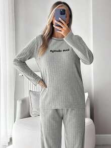 EURMUSE Women Rib Knit With Contrast Colour Stitch Detail Lettered Homewear Lounge Set For Ladies - Grey - View 3