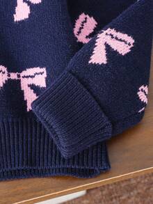 SHEIN Playful Pals 粉色蝴蝶结图案针织开衫，适合居家、外出、聚会、返校季、冬季、圣诞节、万圣节等场合，秋季保暖舒适。 - 藏蓝色 - 查看 6