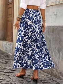 Brillora Falda de verano con estampado floral y dobladillo con volantes - Azul y blanco - Ver 2