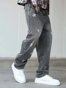 Manfinity Homme 男士休闲斑马纹宽腿宽松牛仔裤 - 深灰色 - 查看 7