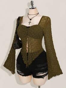 SHEIN ICON 加大码提花喇叭袖褶饰前片性感方领 T 恤，针织上衣，适合夏季，Y2K - 軍綠色 - 查看 3