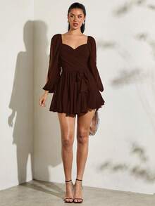 SHEIN BAE 轻盈透视蝴蝶结系带灯笼袖开衩纯黑色连衣裙，性感简约，适合海滩度假、日常穿着和约会 - 咖啡棕 - 查看 4