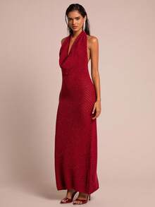 SHEIN Glamour Đầm ôm body đính kim tuyến cổ khoét sâu gợi cảm dành cho nữ - Đỏ - Xem 4