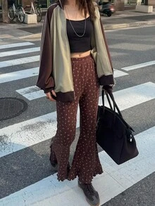 FRIFUL Pantalon évasé à fleurs marron pour femmes avec décoration de volants, casual et polyvalent, tenues d'automne pour les vacances des femmes - Multicolore - Voir 2