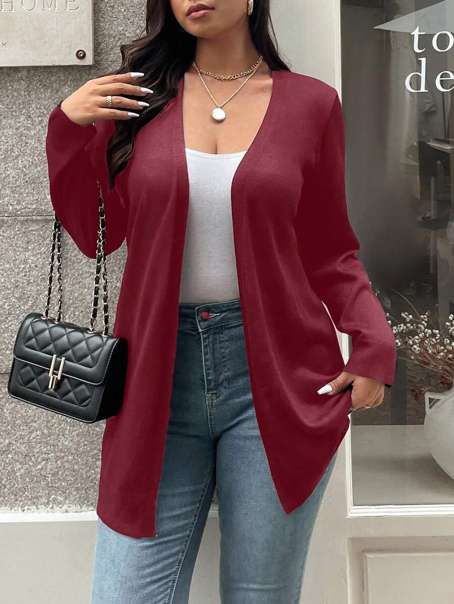 Vionelle Plus Size Women Solid Color Long Sleeve Casual Open Front Knit Cardigan, Autumn Red Cardigan Women Fall Clothes For Women Maroon Outfits For Women Cardigan Women Shrug Plus Size - Burgundy - View 1
