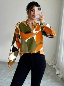 Elenzga 休闲商务简约百搭长袖宽松女士衬衫 - 橘色 - 查看 6