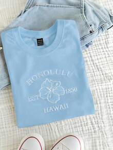 INAWLY Women's Contrast Slogan & Hibiscus Embroidered Round Neck T-Shirt, Summer - Baby Blue - View 3