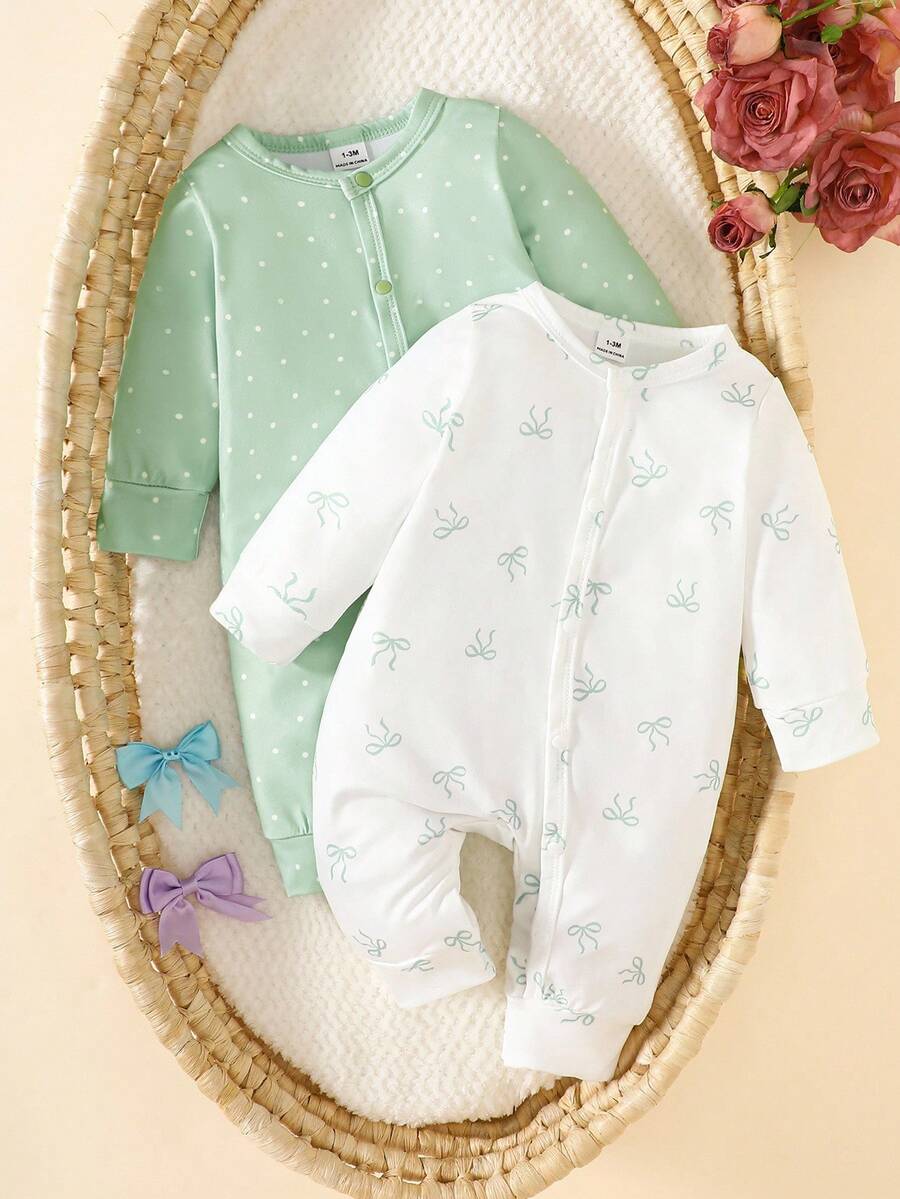 SHEIN 两件套新生女宝宝秋季套装,舒适可爱蝴蝶结图案长袖连体衣套装,适合秋冬季各种场合。 - 綠色 - 查看 1