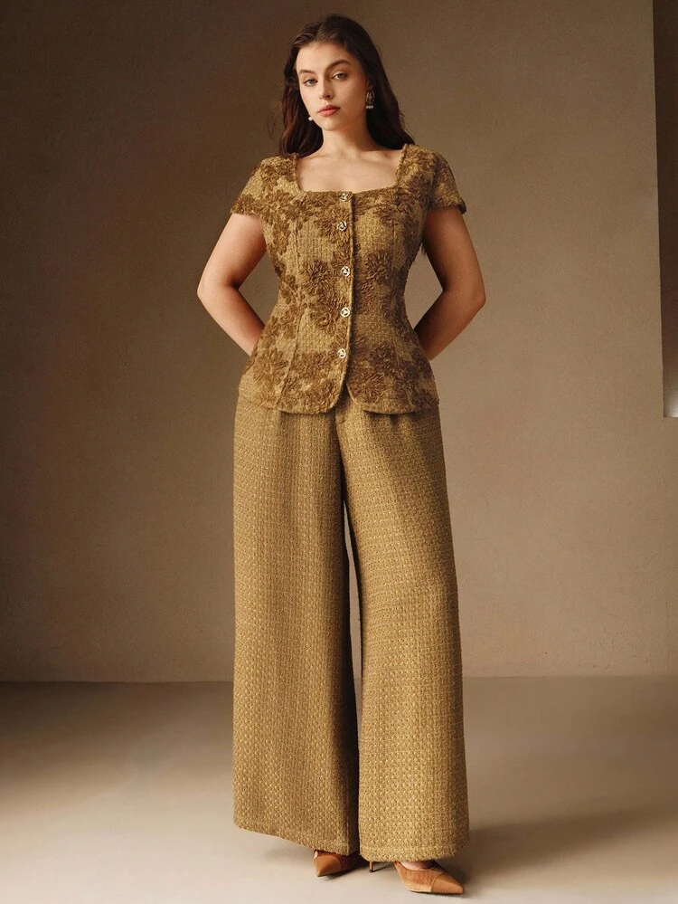 Elegant Square Collar Embroidered Blouse & Wide Leg Pants Women 2 Pieces Set, Suitable For Autumn/Winter, Going Out, Formal, Chic, New Year, Christmas, Graduation
