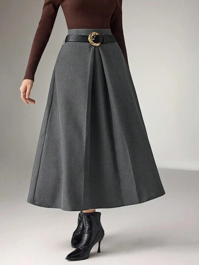 Heiryn 女士纯色高腰褶皱设计优雅办公室半身裙