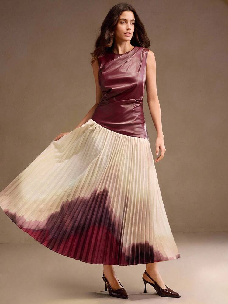 Autumn New High-End Sleeveless Leather Jacket Patchwork Gradient Floral Pleated Long Dress For Women, Suitable For Autumn, Spring, Going Out, Elegant, Formal, Party, Chic, New Year, Christmas, Graduation