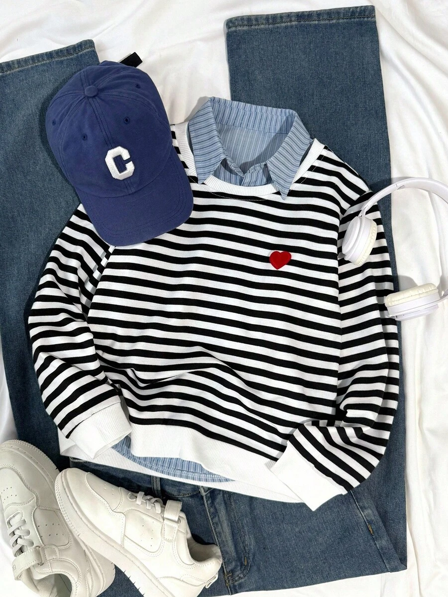 SHEIN Tween Girl Striped Print Heart Patched Sweatshirt - Black and White - View 1