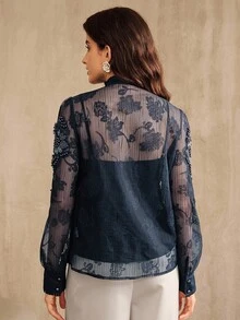 Anewsta Elegant Palace Style Fashion Pearl Decor Floral Collar Semi-Sheer Long Sleeve Blouse Top, Suitable For Spring, Summer, Festival, Graduation - Navy Blue - View 2