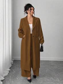 Elenzga 大码女式优雅翻领长款西装外套 + 裤子套装，杏色 - 棕色 - 查看 4