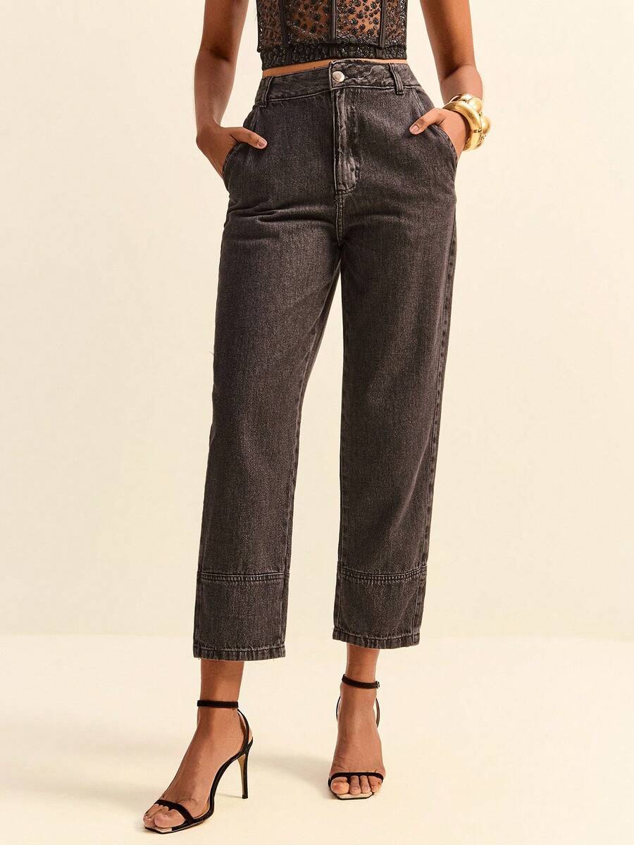 Daynim 高腰水洗妈妈版牛仔裤 - 灰色 - 查看 1