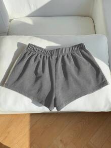 Comfortcana Quần short ống rộng dệt kim màu xám, họa tiết sọc chắp vá, thường ngày mùa hè dành cho nữ - Xám - Xem 2