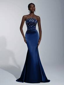 Elitara Elegant Handmade Rhinestone Embellished Strapless Mermaid Tail Dress With Ruched Waist,Perfect For Weddings,Formal Events,Galas,Dates And Vacations - Navy Blue - View 3