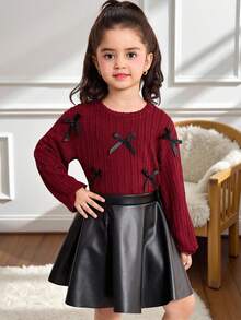 年轻女孩休闲优雅 T 恤套装，采用 3D 蝴蝶结针织纹理，宽松长袖 T 恤和 PU 喇叭中裙套装，女孩酒红色和黑色裙子套装 - 酒紅色 - 查看 3