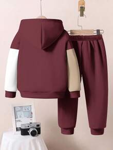 SHEIN 2 件套年轻男孩休闲宽松套头连帽衫，适合秋冬季 - 彩色 - 查看 4