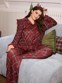 Chillnights 大码女式格子印花休闲舒适翻领长袖上衣和裤子睡衣套装，秋冬家居服套装，红色睡衣套装，西部牛仔睡衣套装，秋季服装，舒适套装，圣诞节 - 紅色 - 查看 6