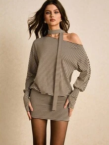 Poéselle Robe élégante rayée noir et blanc pour femmes avec foulard, col asymétrique, épaule asymétrique, manches longues, mini-robe hanches, tenue de soirée d'automne, 2 pièces - Tabac - Voir 2