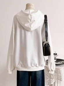 1 件青少年女孩休闲字母印花口袋拉链连帽夹克，简约街头风格运动衫，秋冬必备 - 白色 - 查看 2